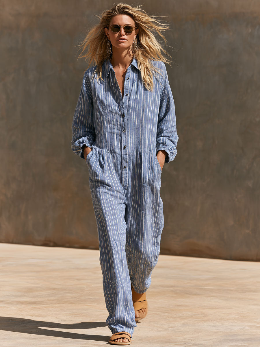 Inga - Overall lässig Retro aus Leinen gestreift