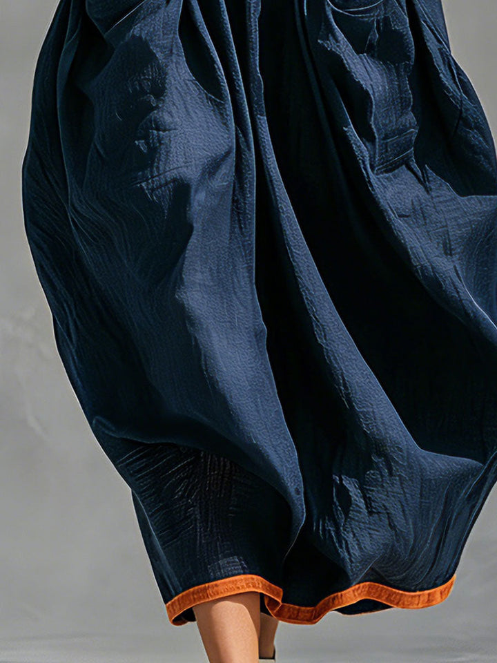 Dora - Midikleid lässig Retro aus Leinen im Farbblock-Design mit V-Ausschnitt
