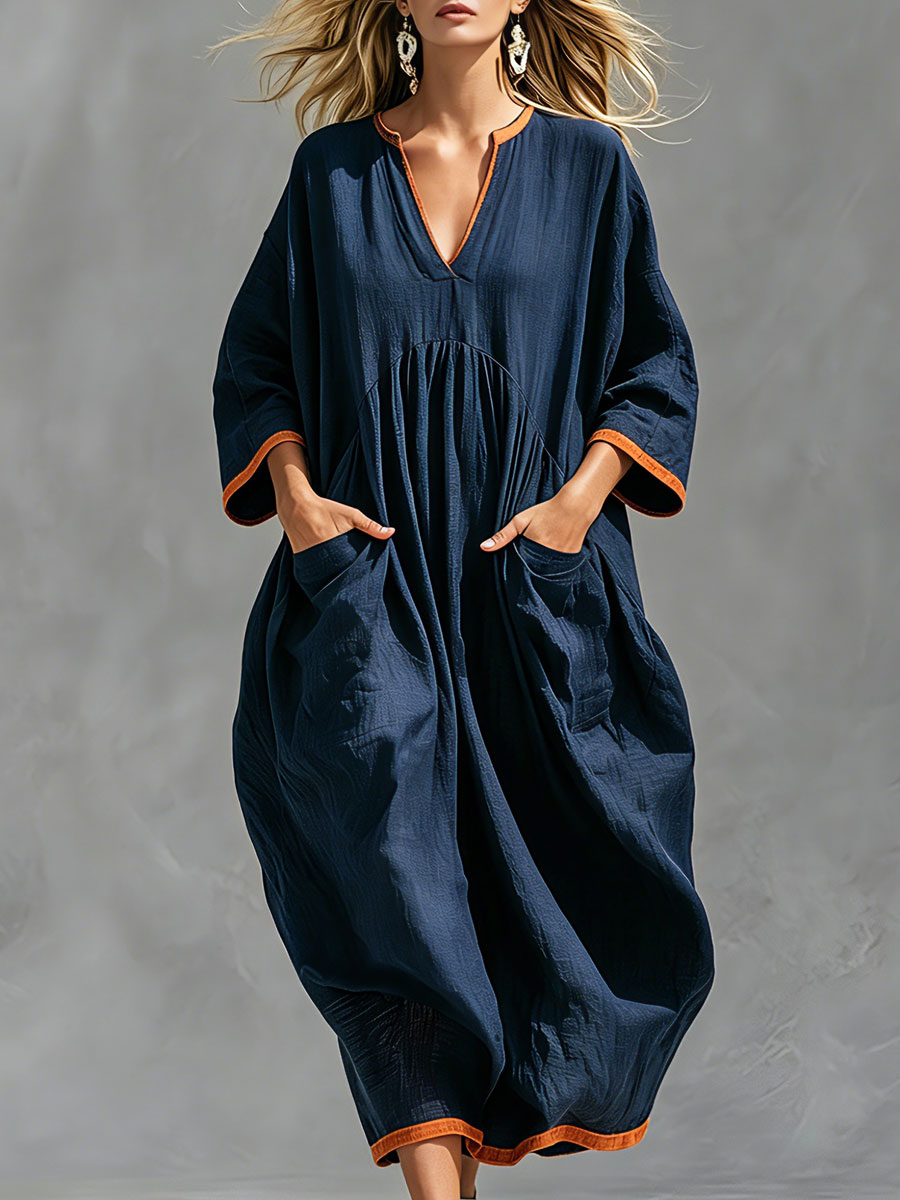 Dora - Midikleid lässig Retro aus Leinen im Farbblock-Design mit V-Ausschnitt