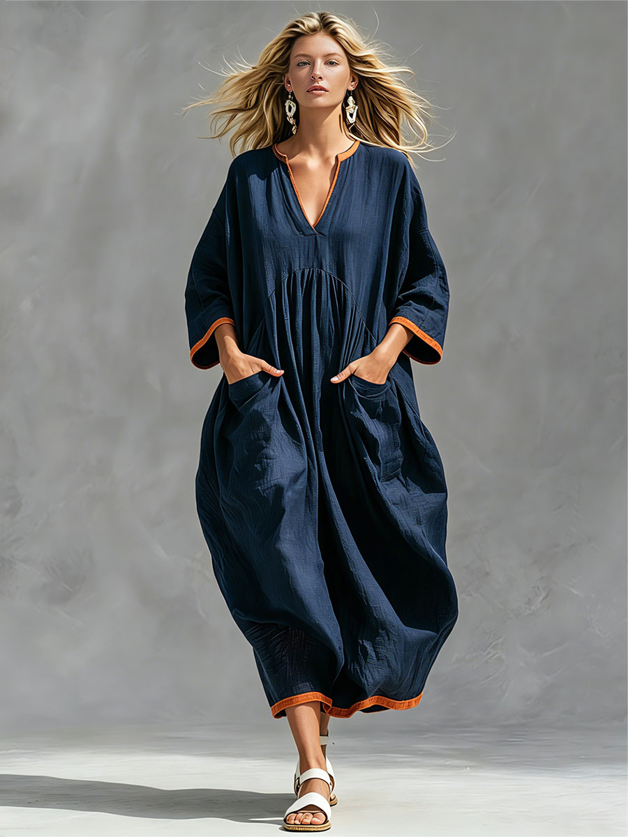 Dora - Midikleid lässig Retro aus Leinen im Farbblock-Design mit V-Ausschnitt