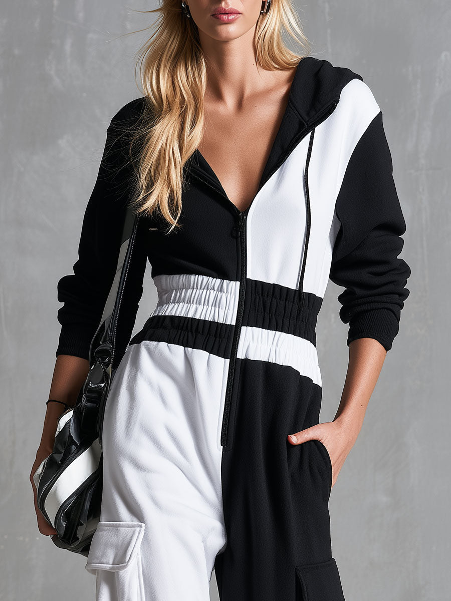Christel - Overall lässig Retro aus technischem Gewebe im Farbblock-Design mit Reißverschluss und Kapuze