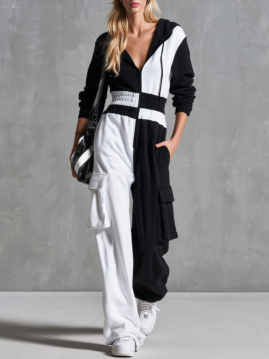 Christel - Overall lässig Retro aus technischem Gewebe im Farbblock-Design mit Reißverschluss und Kapuze