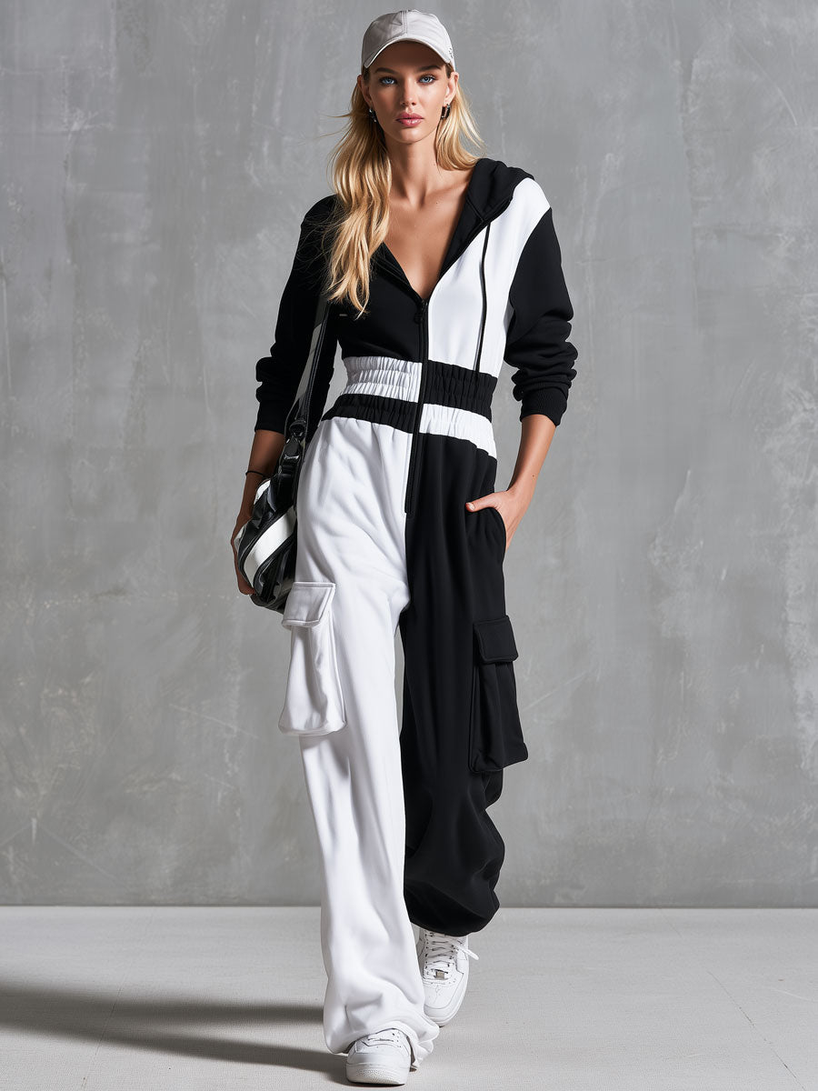 Christel - Overall lässig Retro aus technischem Gewebe im Farbblock-Design mit Reißverschluss und Kapuze