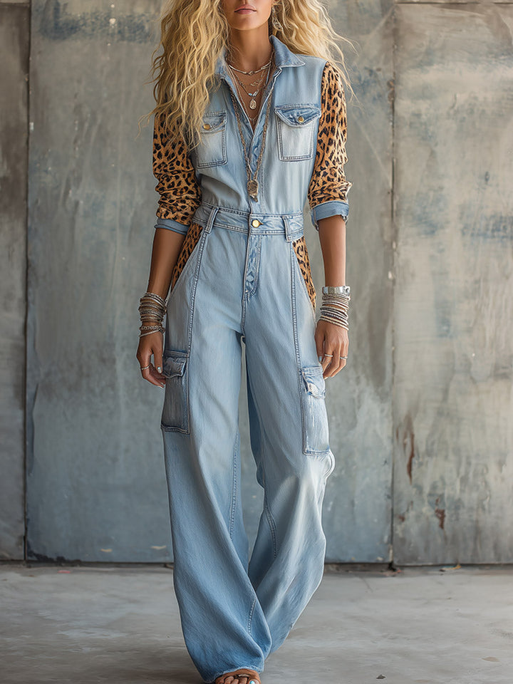 Stefanie - Overall Western im Retro-Stil aus Jeansstoff Leopardenmuster