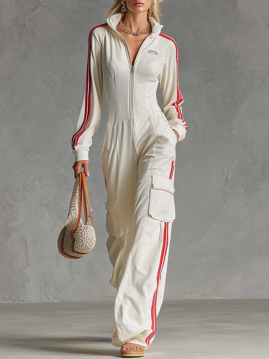 Josepha - Overall sportlich im Retro-Stil aus Strick gestreift mit Reißverschluss und Kragen