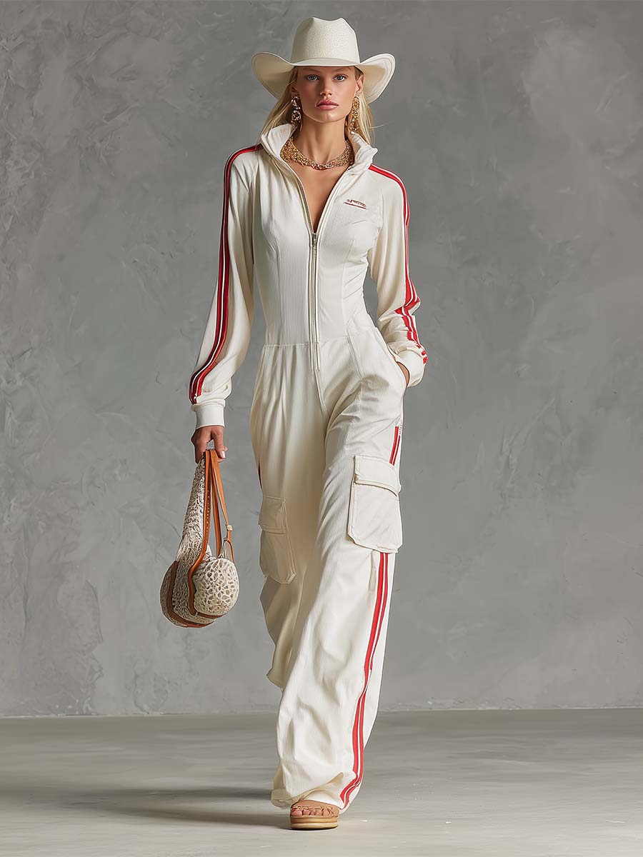Josepha - Overall sportlich im Retro-Stil aus Strick gestreift mit Reißverschluss und Kragen
