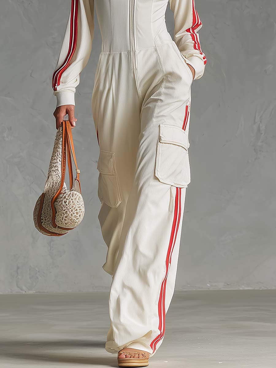 Josepha - Overall sportlich im Retro-Stil aus Strick gestreift mit Reißverschluss und Kragen