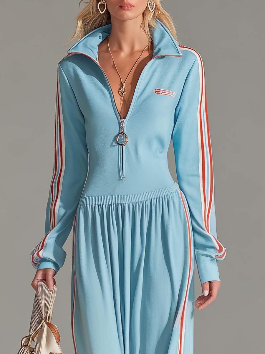 Dora - Maxikleid Western sportlich aus technischem Gewebe mit Reißverschluss und V-Ausschnitt