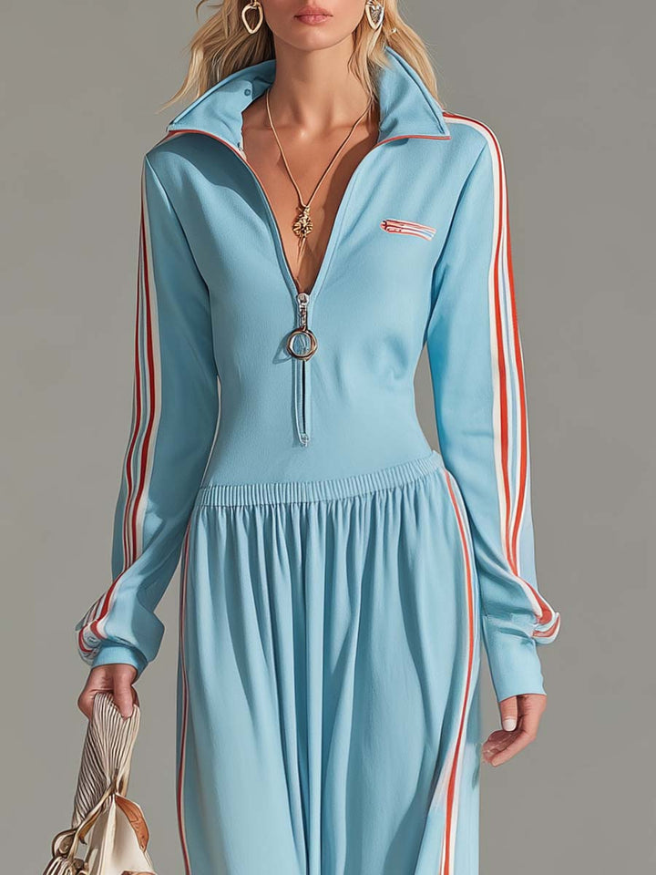 Dora - Maxikleid Western sportlich aus technischem Gewebe mit Reißverschluss und V-Ausschnitt