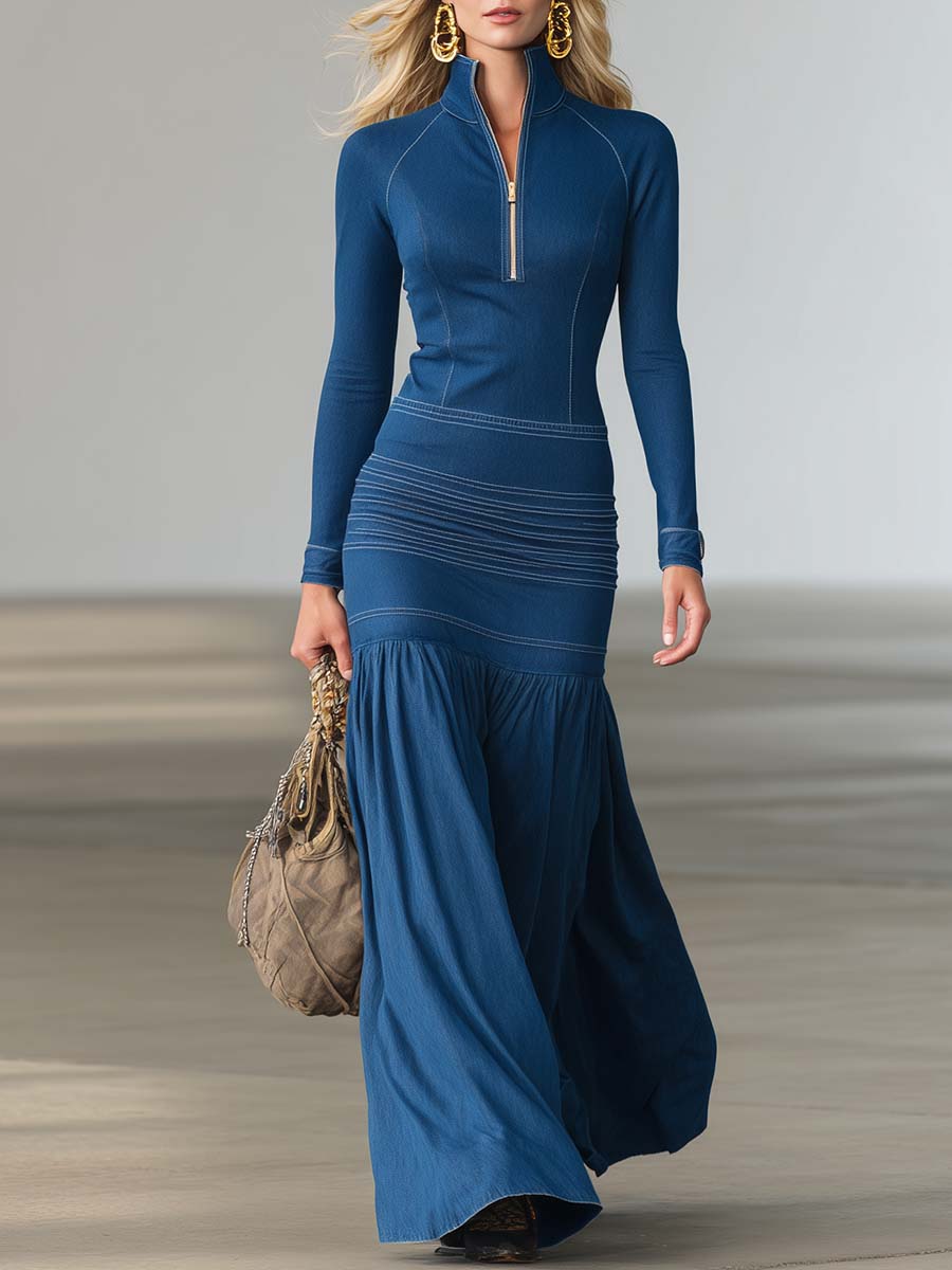 Elsa - Maxikleid Western sportlich aus Jeansstoff mit Reißverschluss und V-Ausschnitt
