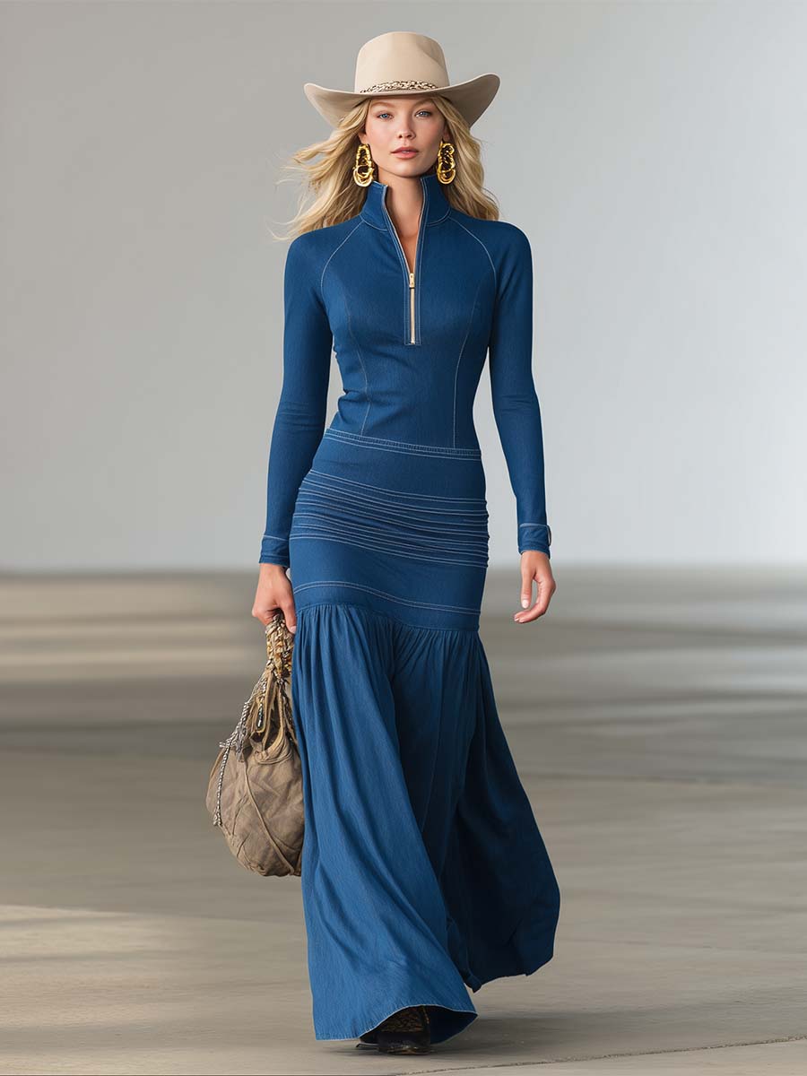 Elsa - Maxikleid Western sportlich aus Jeansstoff mit Reißverschluss und V-Ausschnitt