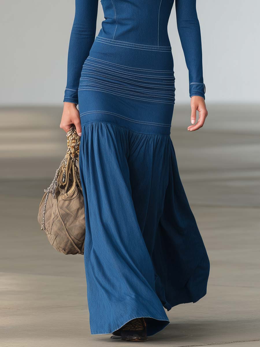 Elsa - Maxikleid Western sportlich aus Jeansstoff mit Reißverschluss und V-Ausschnitt
