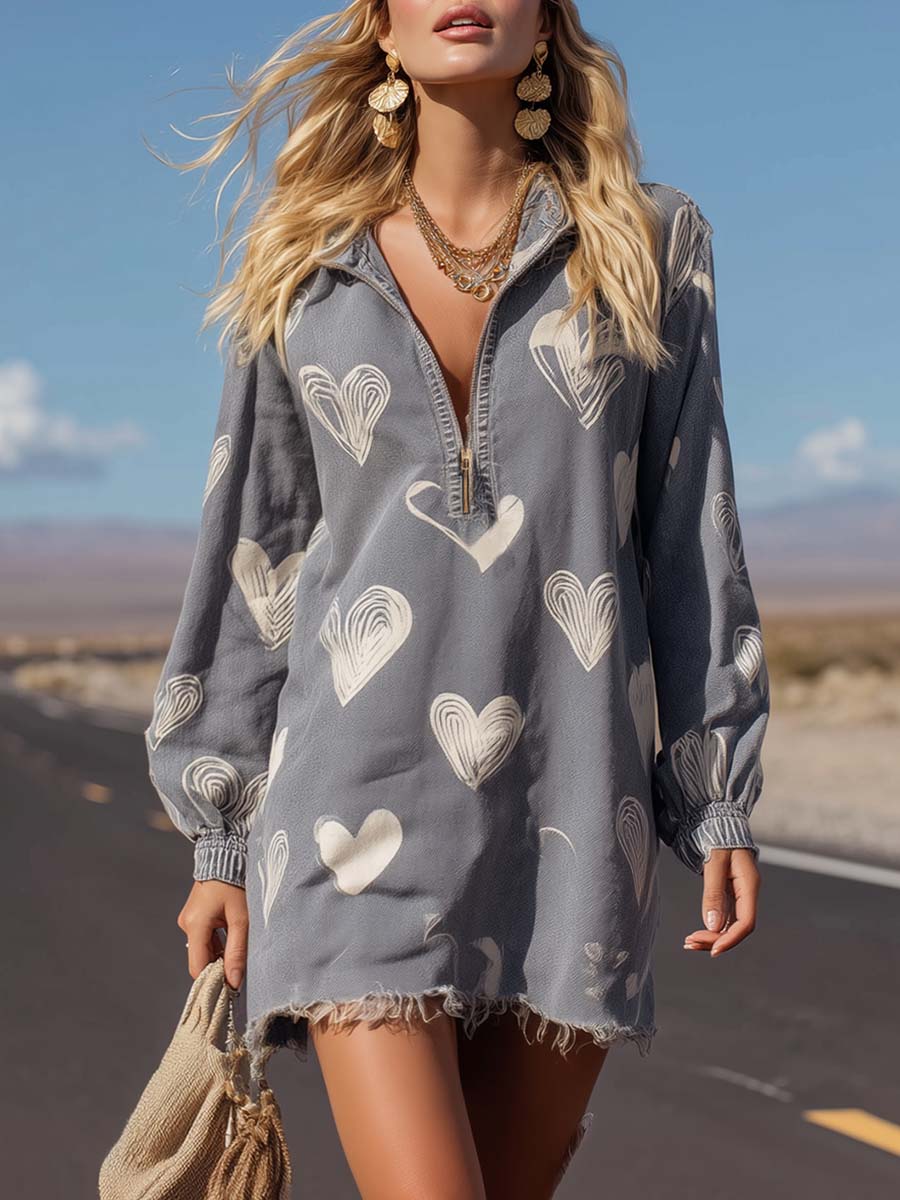 Kristina - Minikleid lässig Retro aus Jeansstoff mit Reißverschluss und Kragen