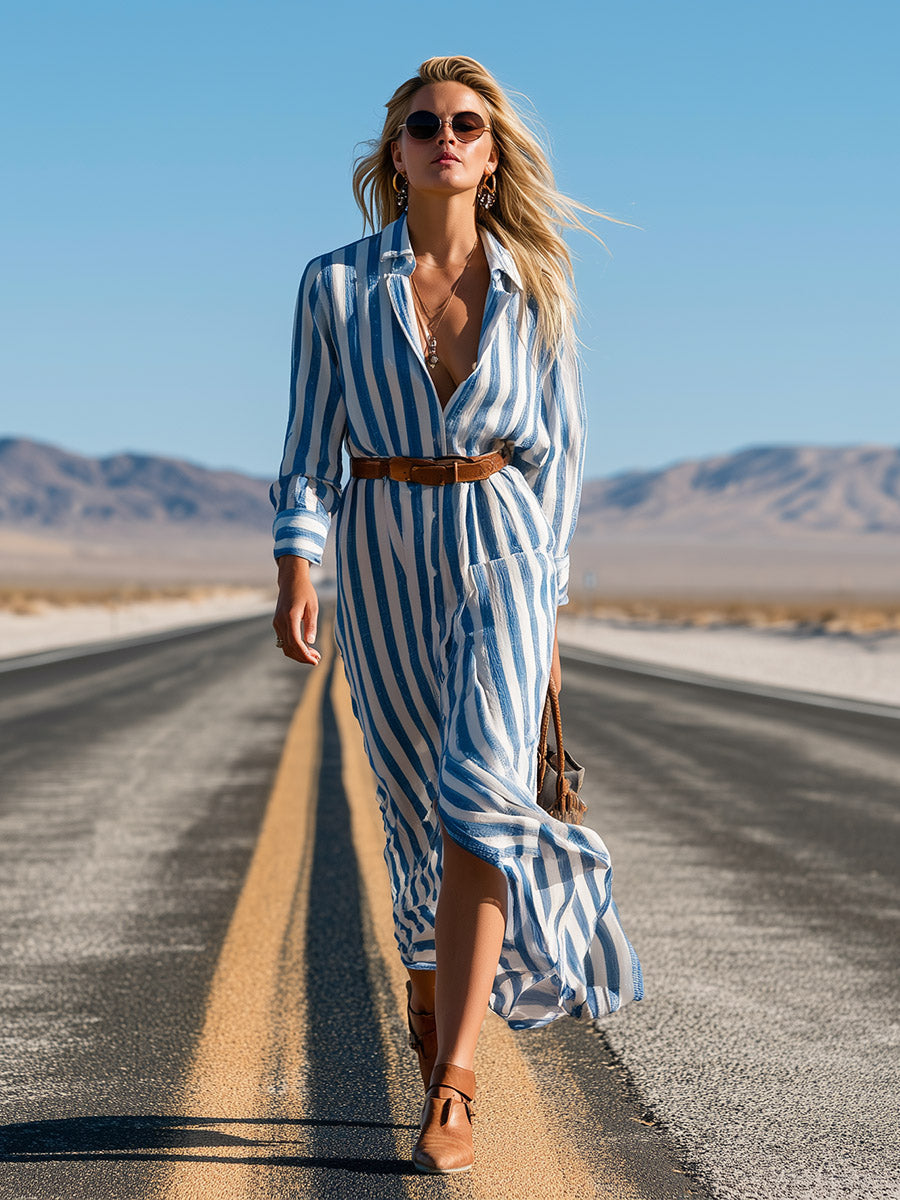 Vanessa - Maxikleid Western sportlich aus technischem Gewebe gestreift