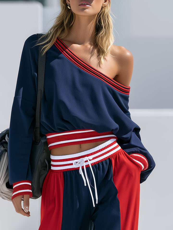 Anneliese - Lässiges Hosen-Ensemble Retro aus technischem Gewebe im Farbblock-Design schulterfrei