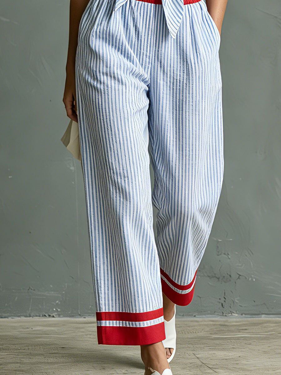 Meike - Lässiges Hosen-Ensemble Retro aus Leinen gestreift mit Kragen