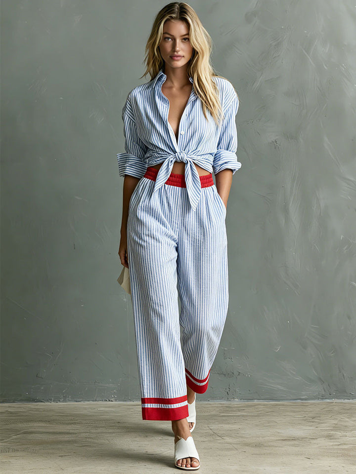 Meike - Lässiges Hosen-Ensemble Retro aus Leinen gestreift mit Kragen