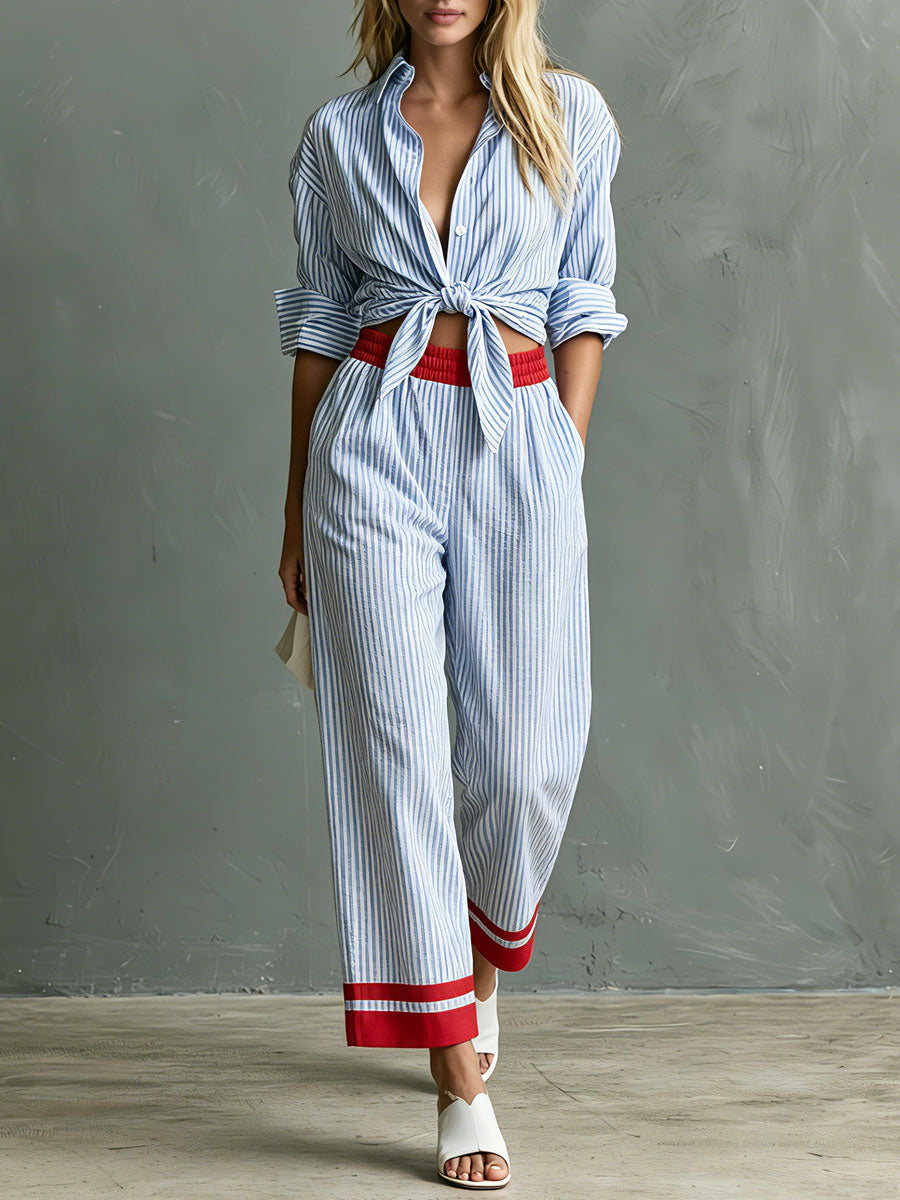 Meike - Lässiges Hosen-Ensemble Retro aus Leinen gestreift mit Kragen