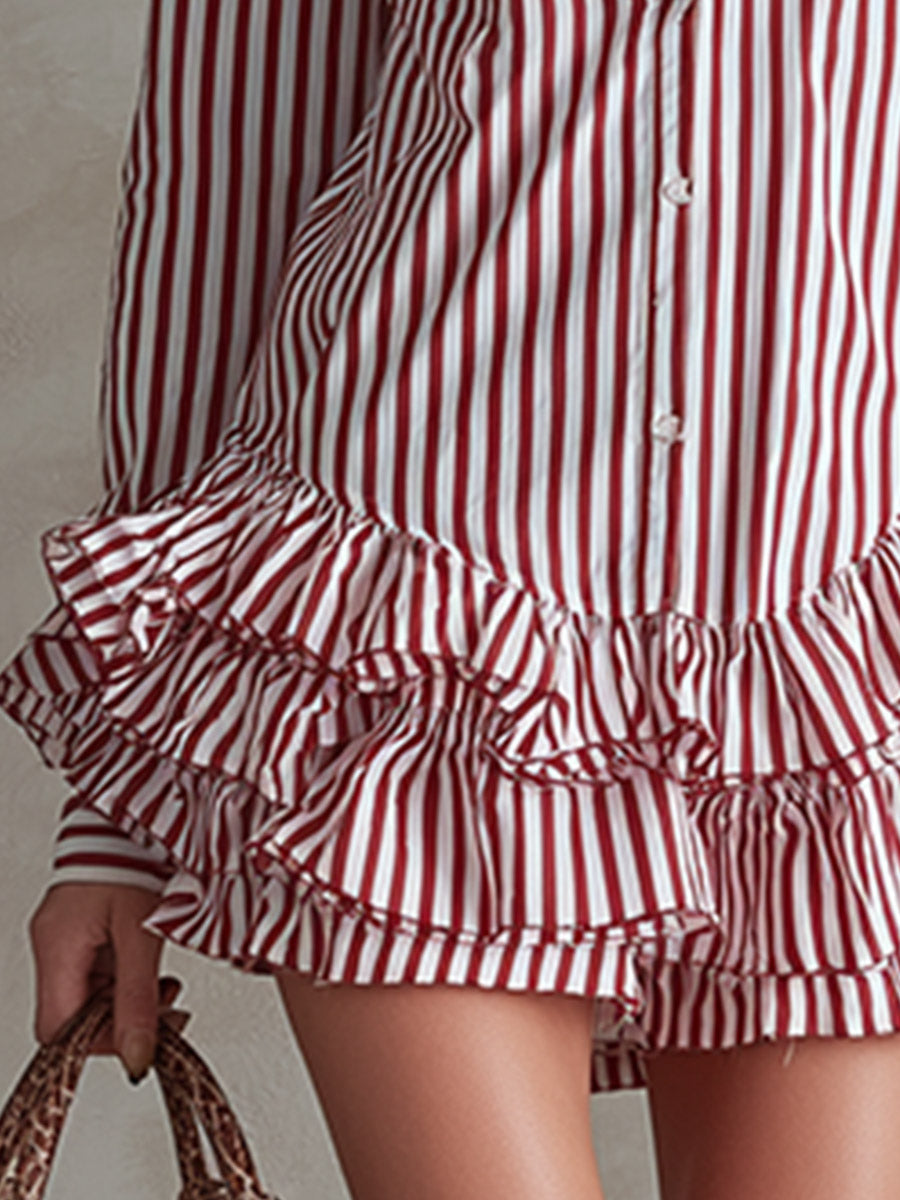 Hanni - Elegantes Minikleid Retro aus technischem Gewebe gestreift mit Volants