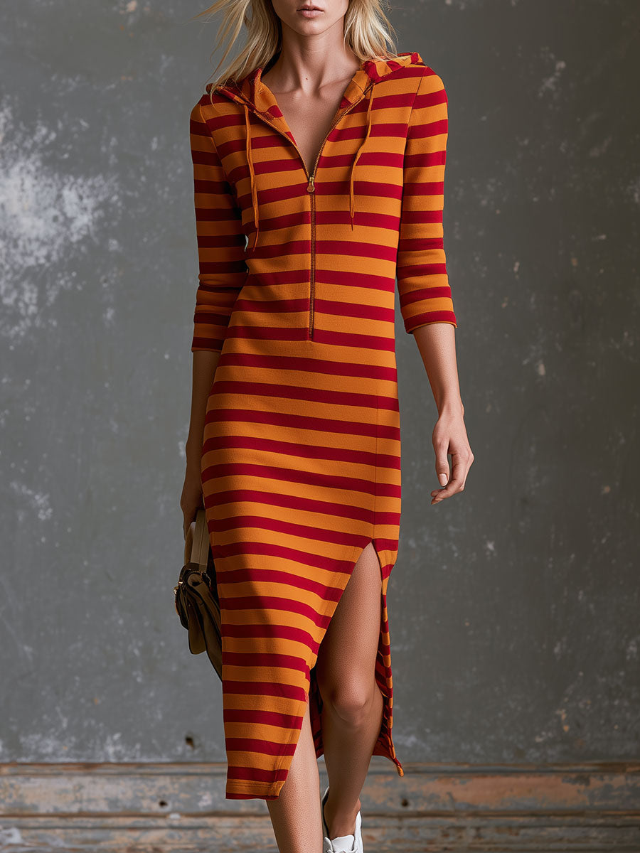 Henriette - Midikleid lässig Retro aus technischem Gewebe gestreift mit Reißverschluss und Kapuze