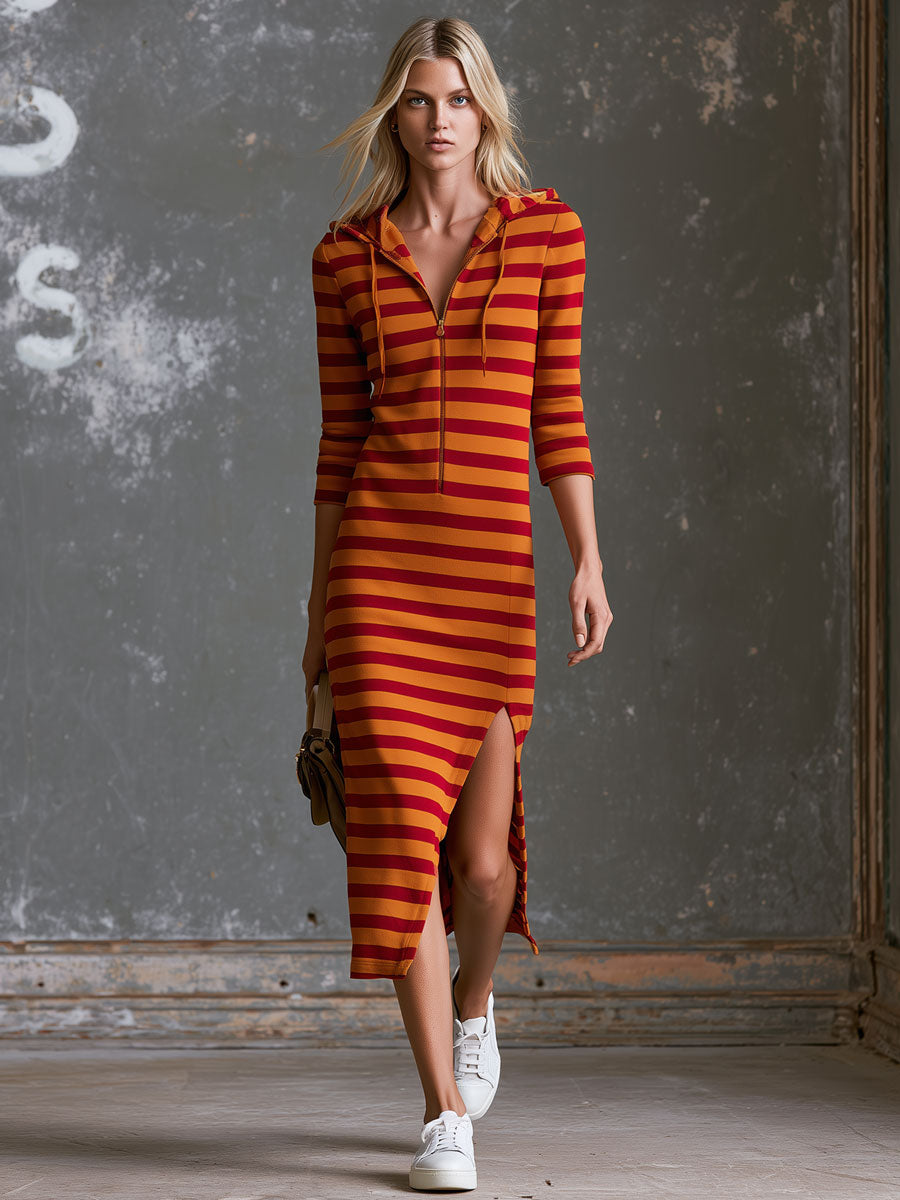 Henriette - Midikleid lässig Retro aus technischem Gewebe gestreift mit Reißverschluss und Kapuze