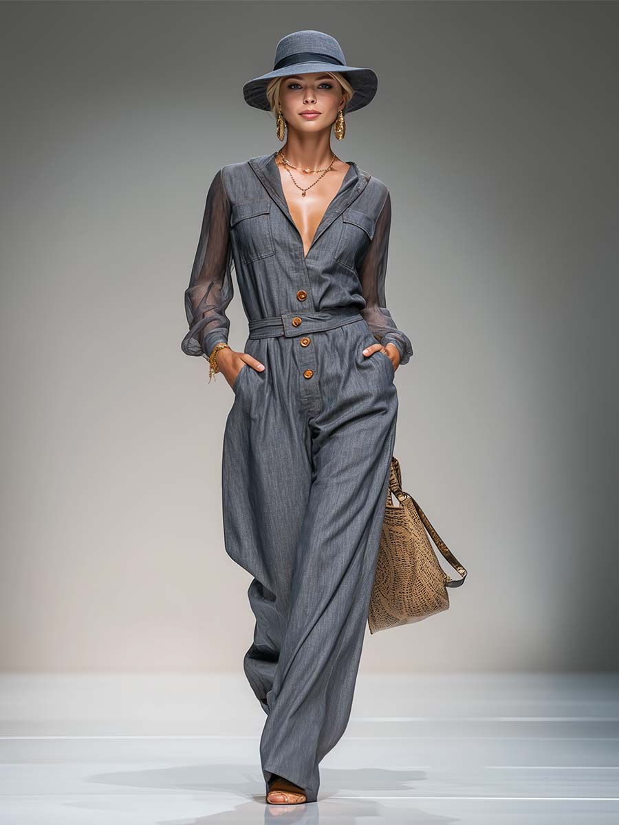 Helga - Overall elegant im Retro-Stil aus Jeansstoff mit V-Ausschnitt und Knöpfen
