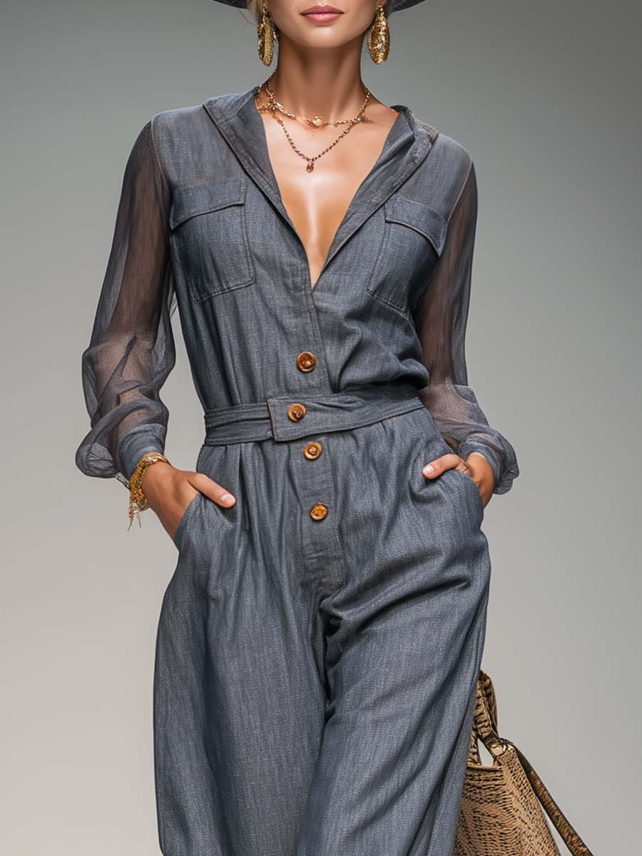 Helga - Overall elegant im Retro-Stil aus Jeansstoff mit V-Ausschnitt und Knöpfen