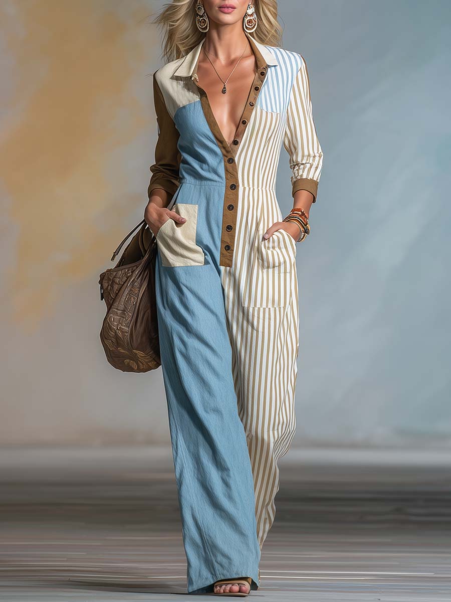Alma - Overall Western im Retro-Stil aus Leinen gestreift mit V-Ausschnitt und Knöpfen