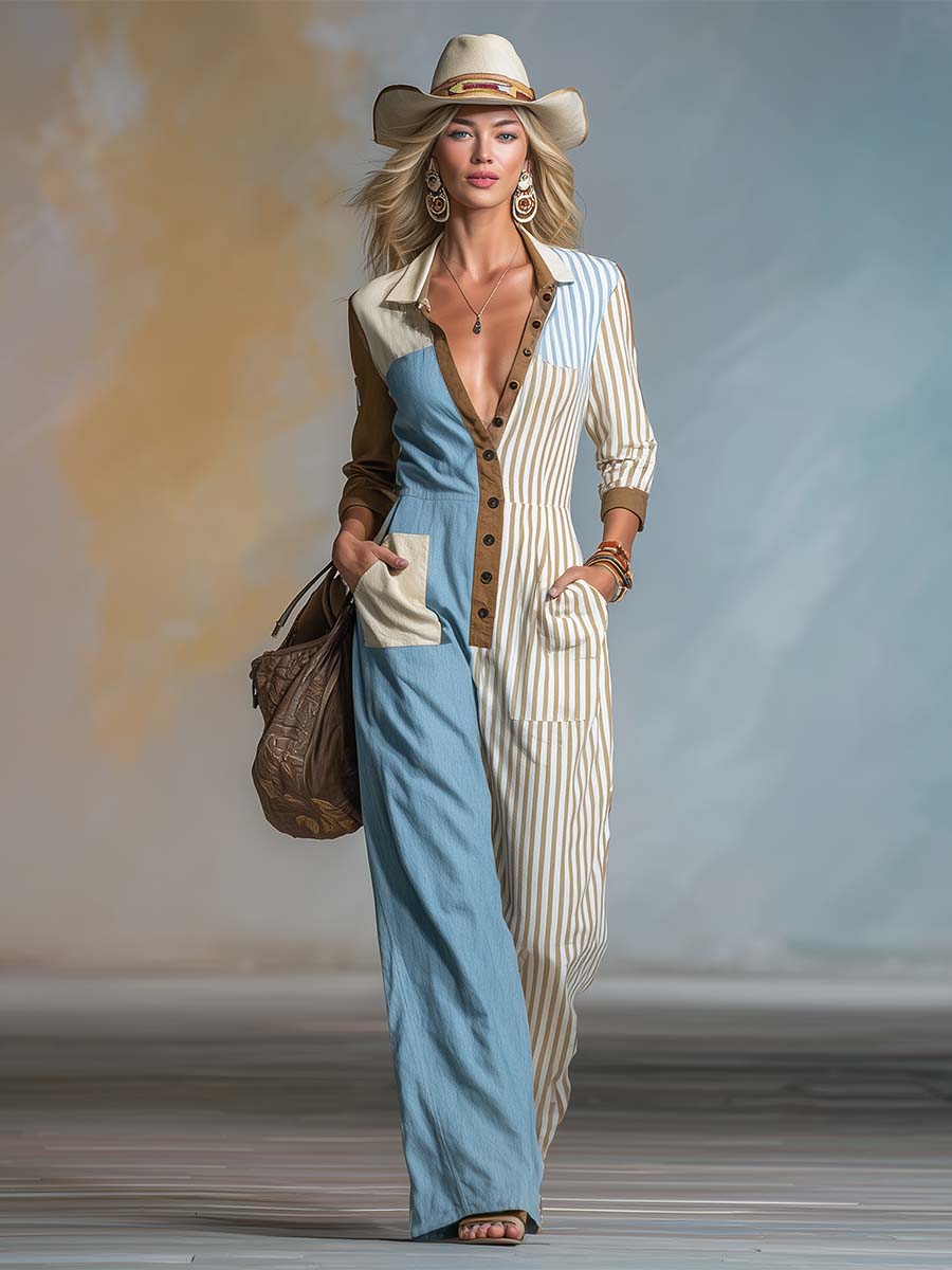 Alma - Overall Western im Retro-Stil aus Leinen gestreift mit V-Ausschnitt und Knöpfen