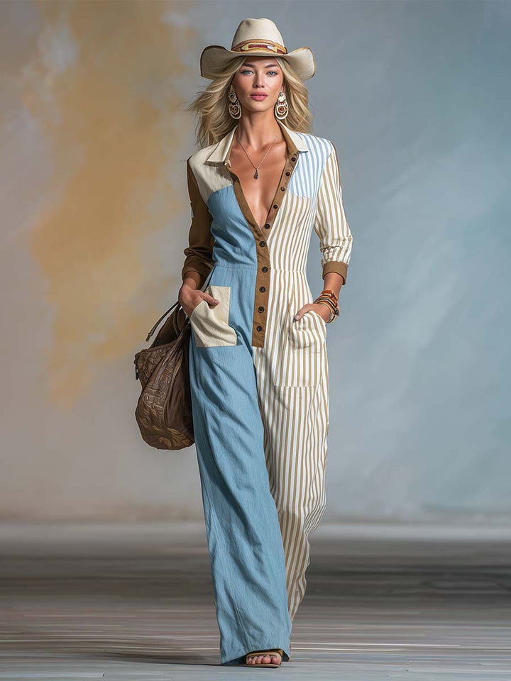 Alma - Overall Western im Retro-Stil aus Leinen gestreift mit V-Ausschnitt und Knöpfen