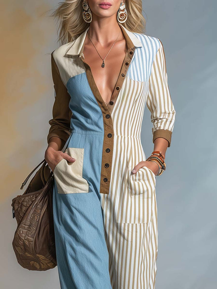 Alma - Overall Western im Retro-Stil aus Leinen gestreift mit V-Ausschnitt und Knöpfen