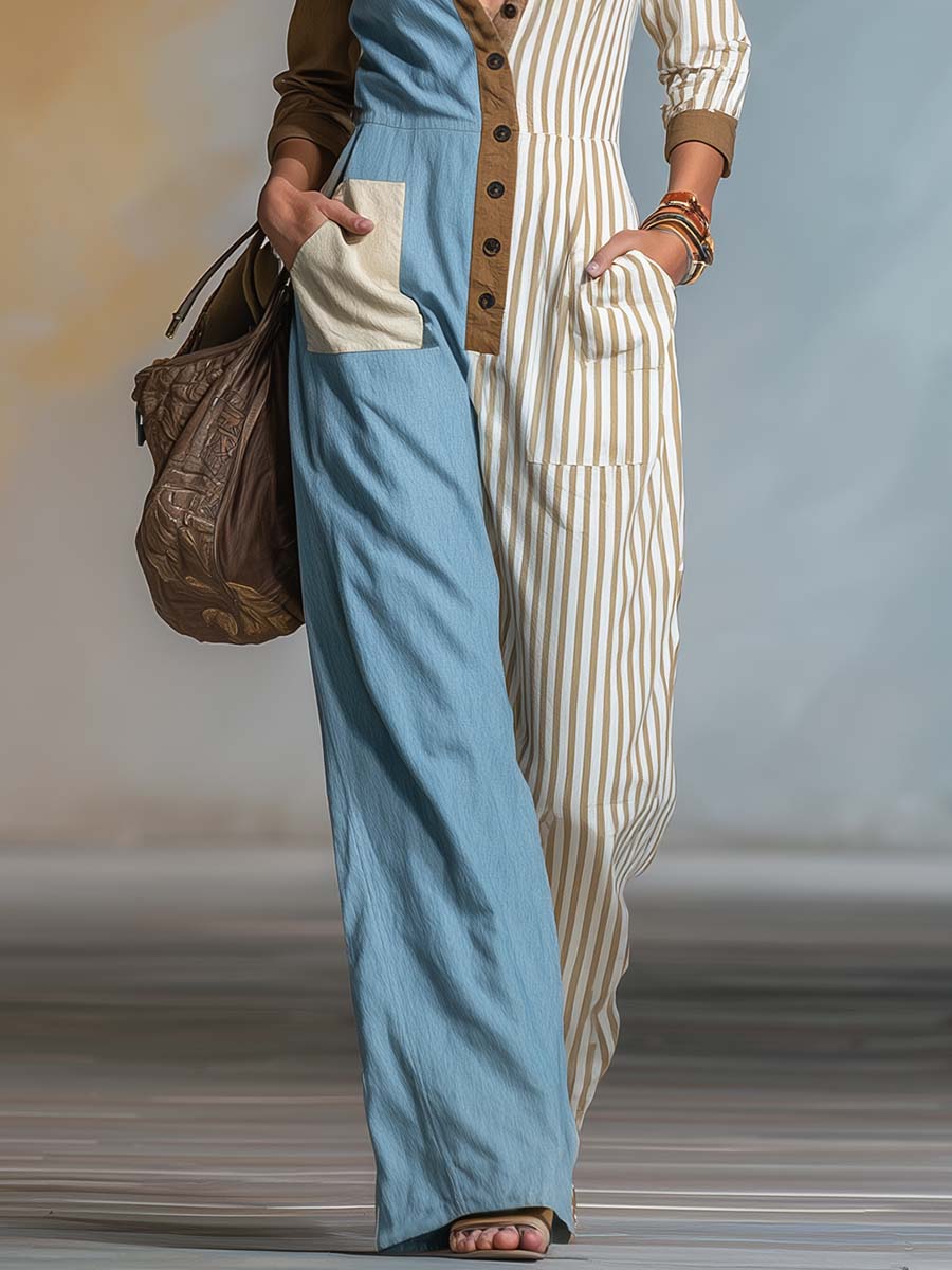 Alma - Overall Western im Retro-Stil aus Leinen gestreift mit V-Ausschnitt und Knöpfen