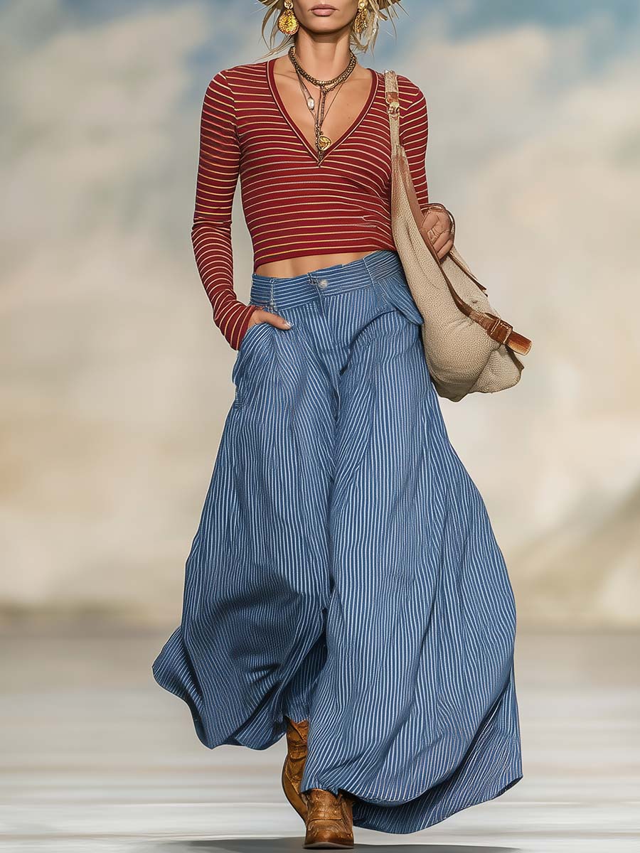 Rike - Hosen-Ensemble Western im Retro-Stil aus technischem Gewebe gestreift mit V-Ausschnitt