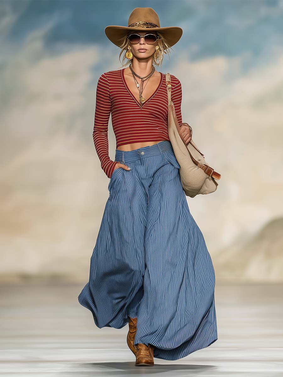 Rike - Hosen-Ensemble Western im Retro-Stil aus technischem Gewebe gestreift mit V-Ausschnitt