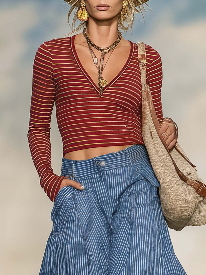 Rike - Hosen-Ensemble Western im Retro-Stil aus technischem Gewebe gestreift mit V-Ausschnitt