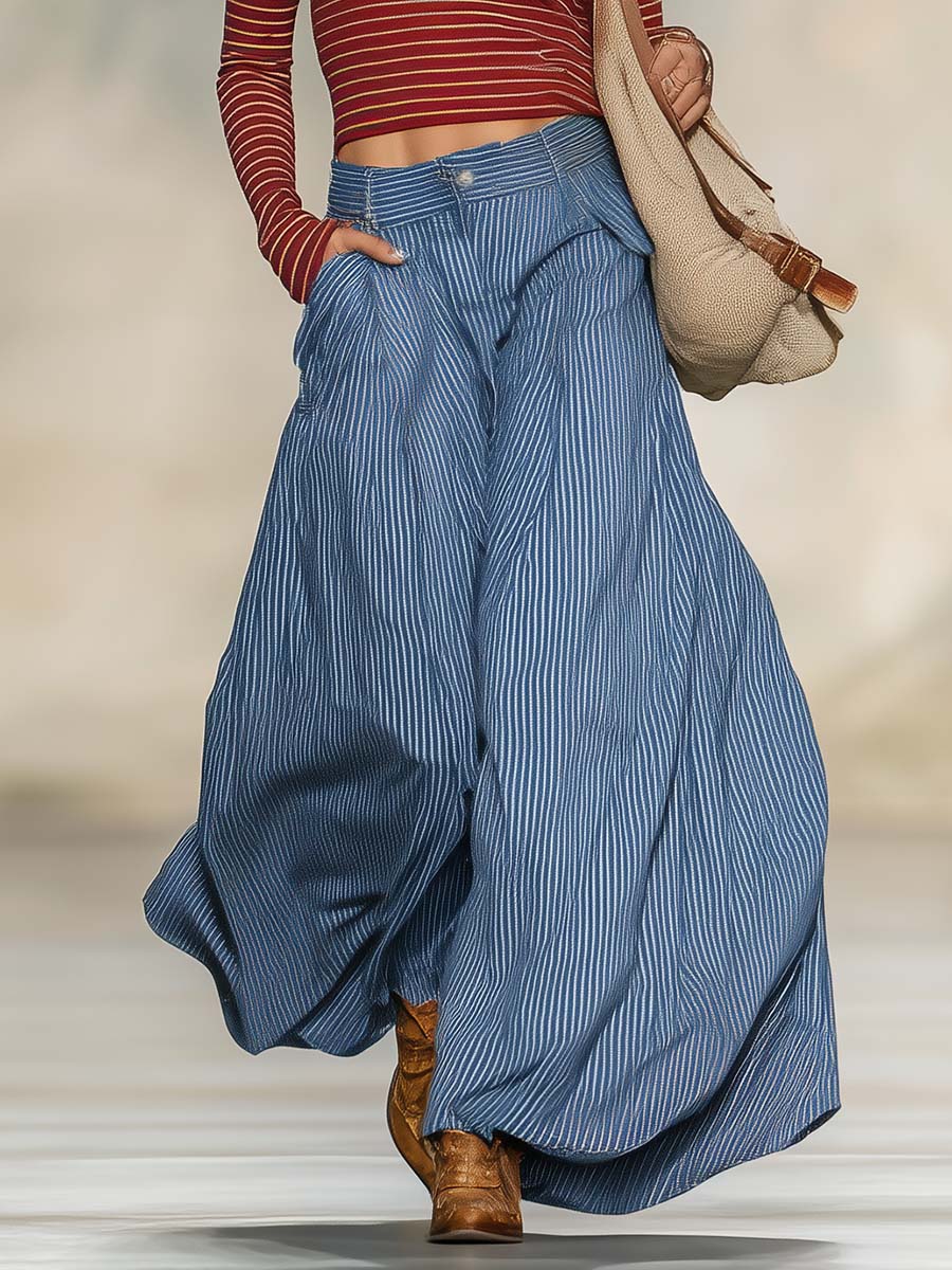 Rike - Hosen-Ensemble Western im Retro-Stil aus technischem Gewebe gestreift mit V-Ausschnitt