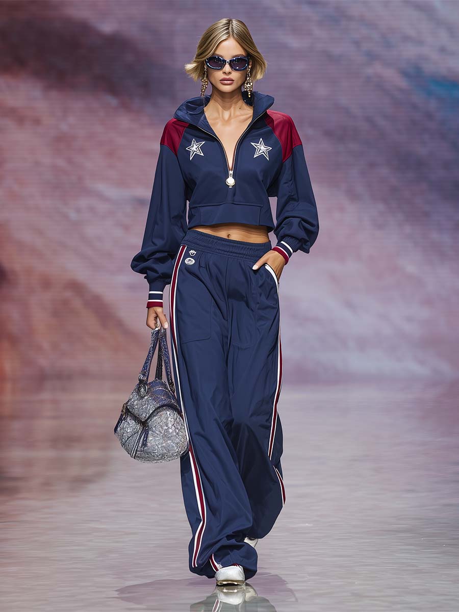 Lieselotte - Hosen-Ensemble Western im Retro-Stil aus technischem Gewebe mit Sternen und Reißverschluss und V-Ausschnitt und ärmellosem Schnitt