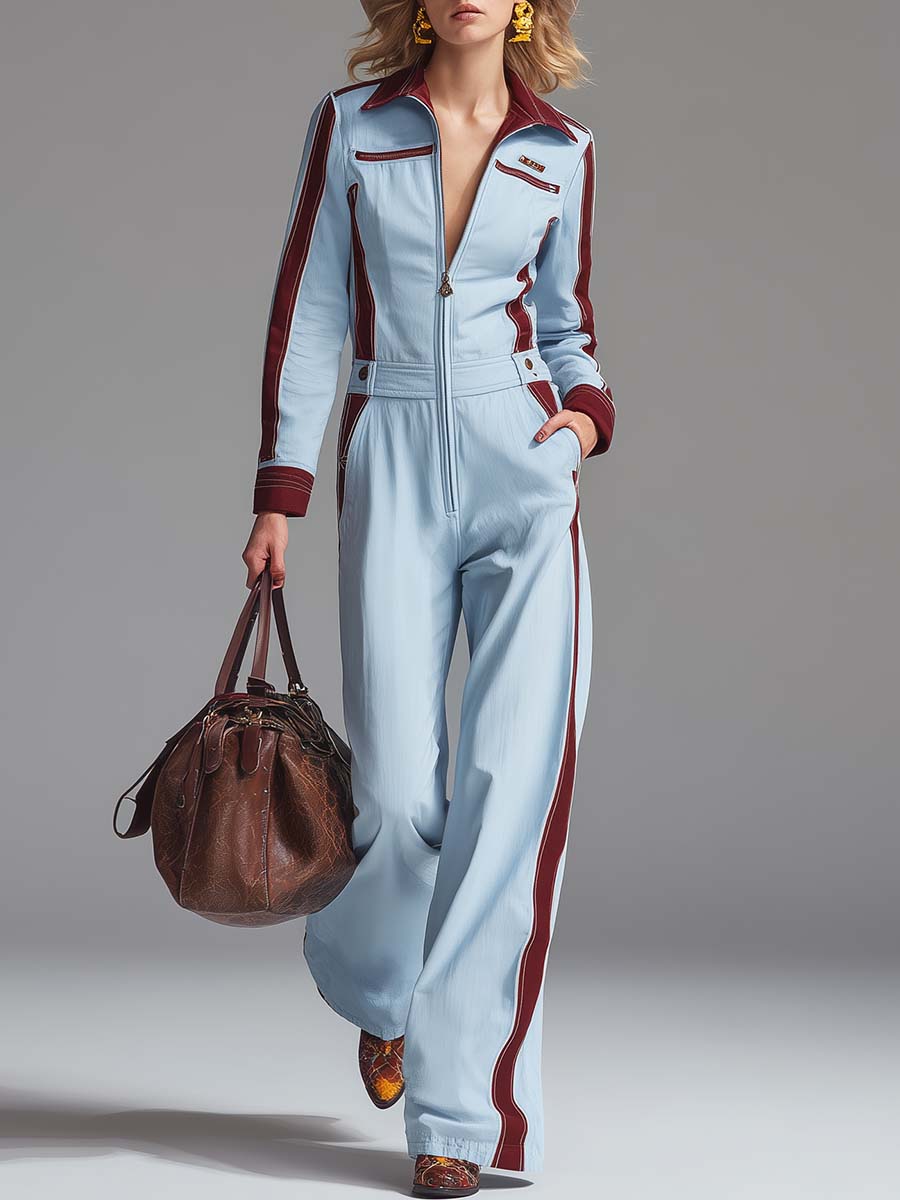 Veronika - Overall Western im Retro-Stil aus Leinen im Farbblock-Design mit Reißverschluss und V-Ausschnitt