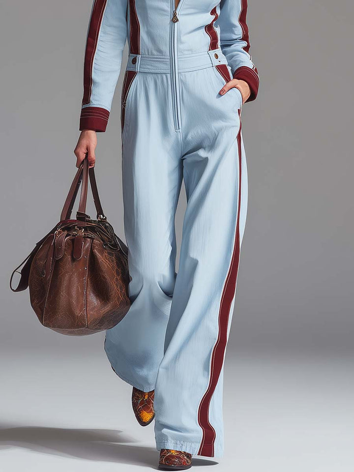 Veronika - Overall Western im Retro-Stil aus Leinen im Farbblock-Design mit Reißverschluss und V-Ausschnitt