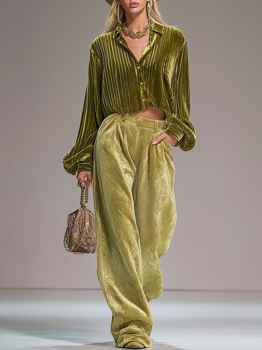 Tina - Hosen-Ensemble Western im Retro-Stil aus Samt mit V-Ausschnitt plissiert