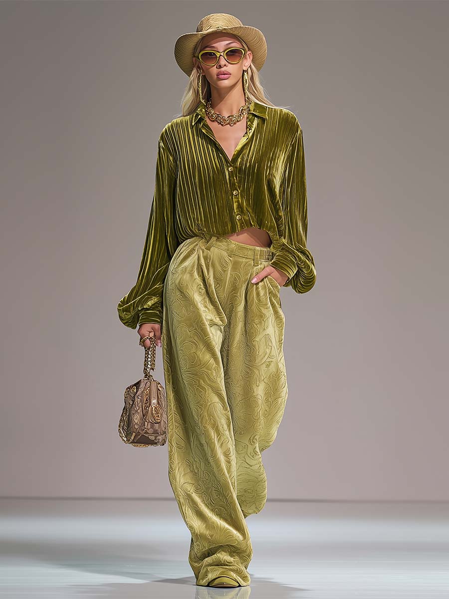 Tina - Hosen-Ensemble Western im Retro-Stil aus Samt mit V-Ausschnitt plissiert