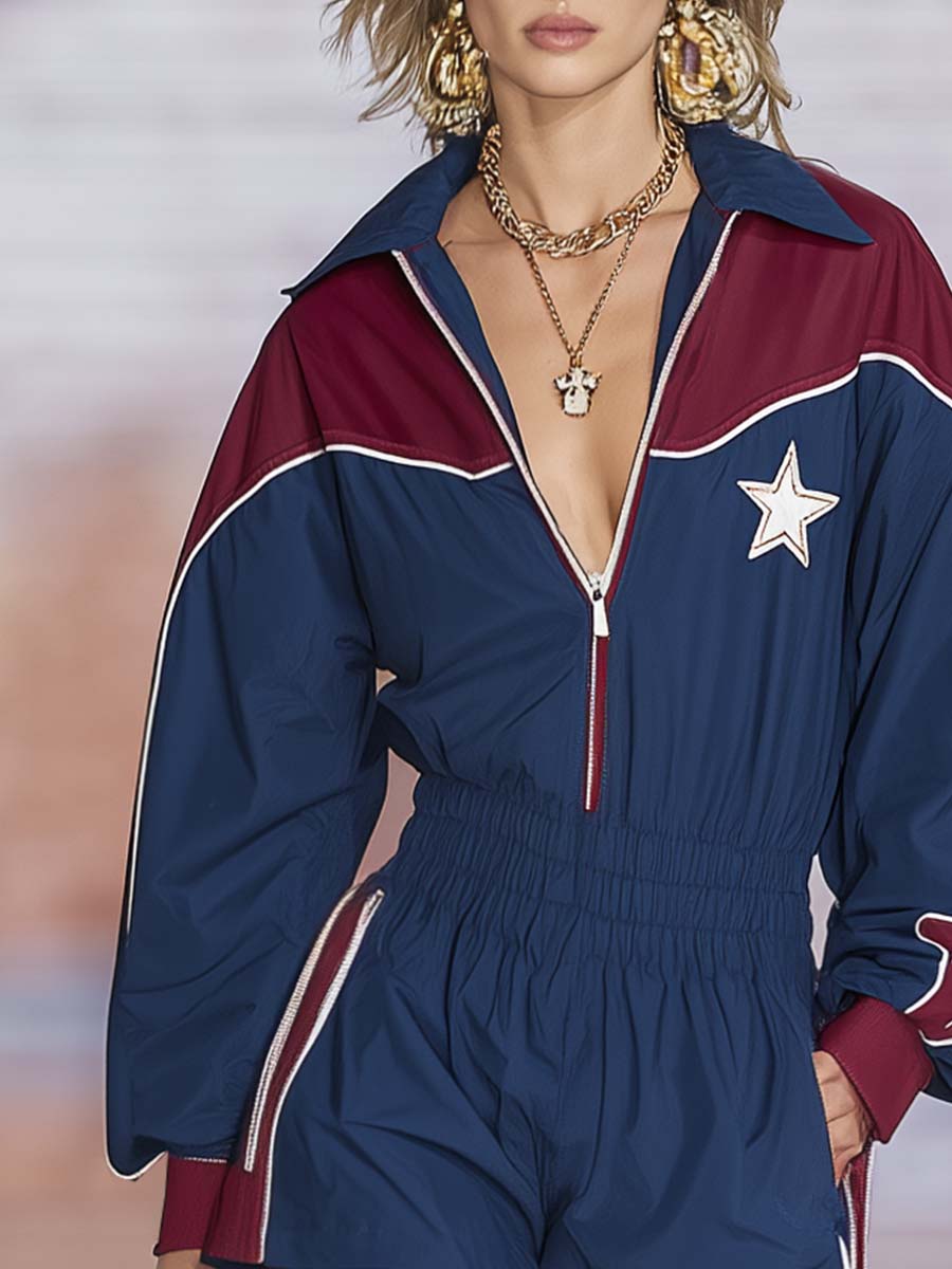 Britta - Overall Western im Retro-Stil aus technischem Gewebe im Farbblock-Design mit Reißverschluss und Kragen