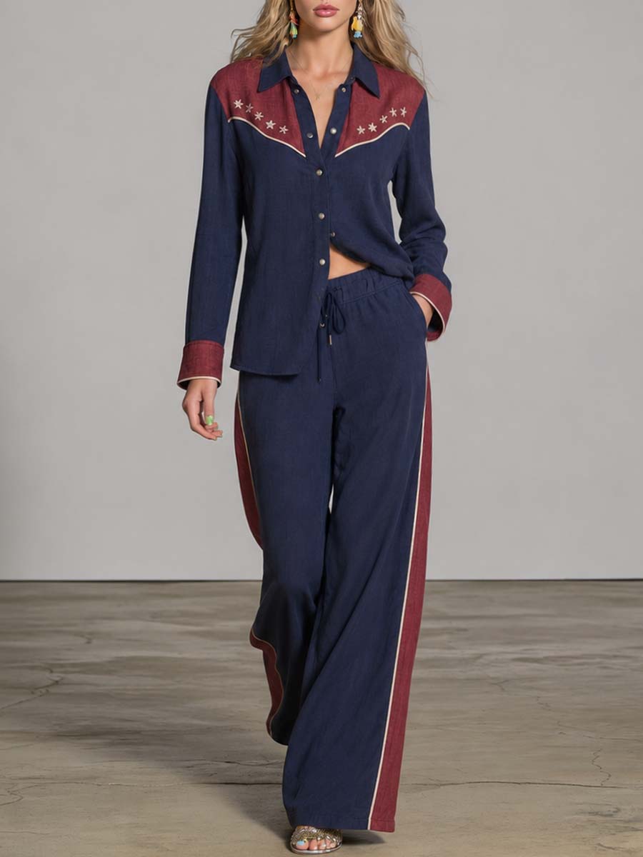 Gerda - Hosen-Ensemble Western im Retro-Stil aus Leinen mit Sternen und Kragen und V-Ausschnitt bestickt