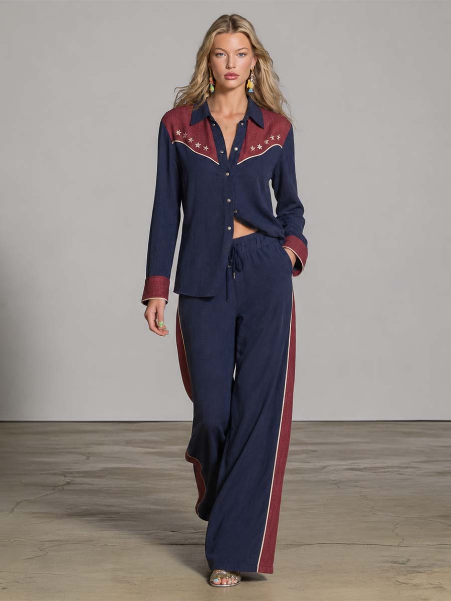 Gerda - Hosen-Ensemble Western im Retro-Stil aus Leinen mit Sternen und Kragen und V-Ausschnitt bestickt