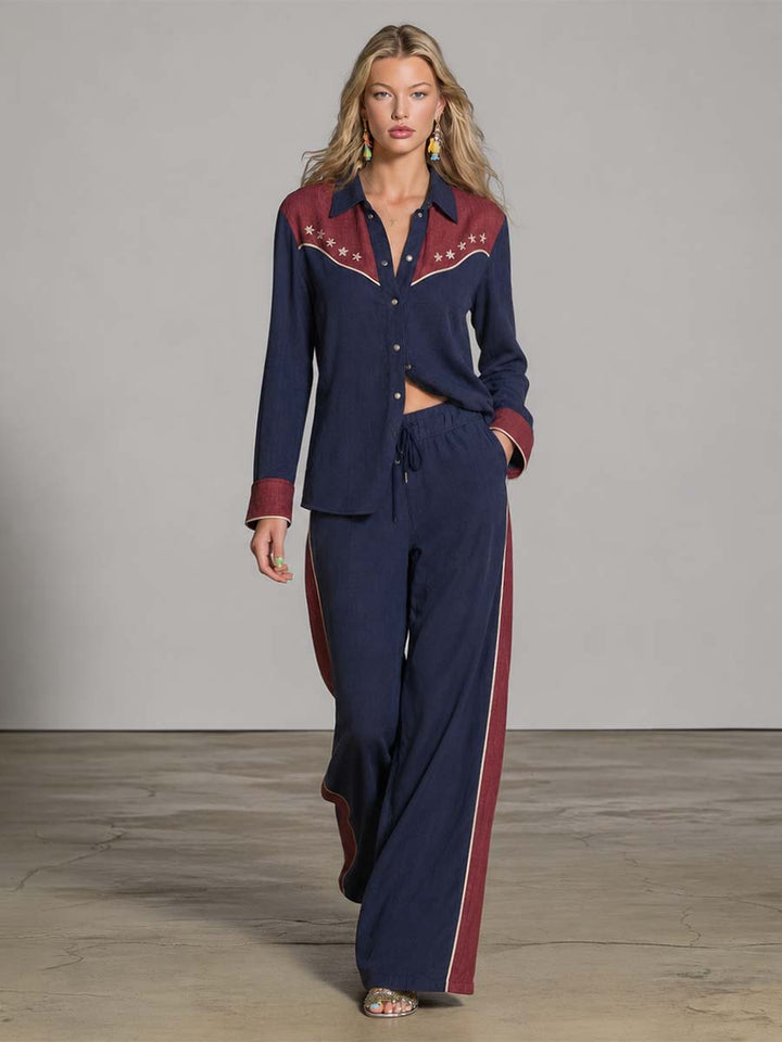 Gerda - Hosen-Ensemble Western im Retro-Stil aus Leinen mit Sternen und Kragen und V-Ausschnitt bestickt