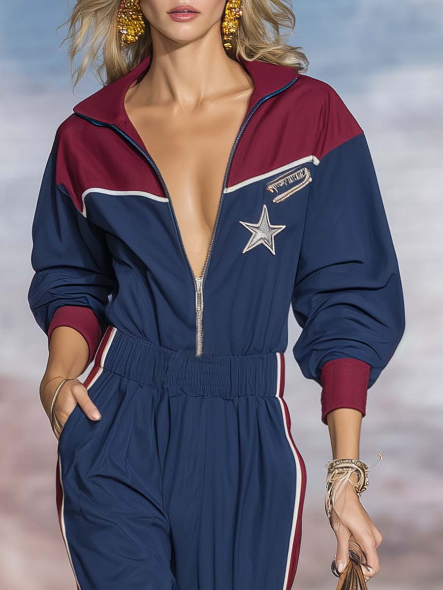 Ottilie - Overall Western im Retro-Stil aus technischem Gewebe im Farbblock-Design mit Reißverschluss und V-Ausschnitt