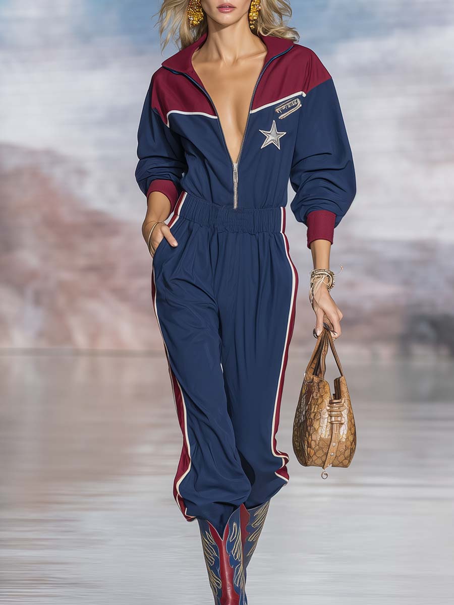 Ottilie - Overall Western im Retro-Stil aus technischem Gewebe im Farbblock-Design mit Reißverschluss und V-Ausschnitt