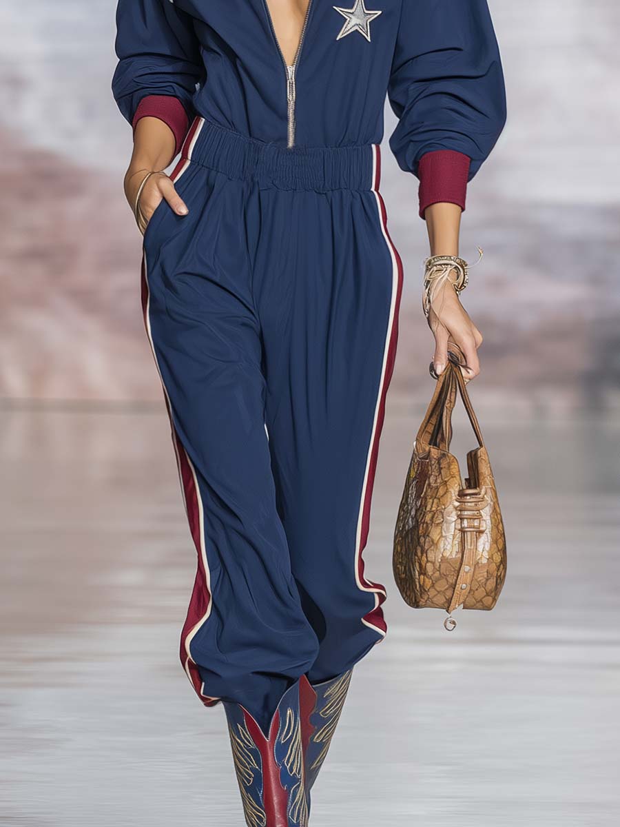 Ottilie - Overall Western im Retro-Stil aus technischem Gewebe im Farbblock-Design mit Reißverschluss und V-Ausschnitt