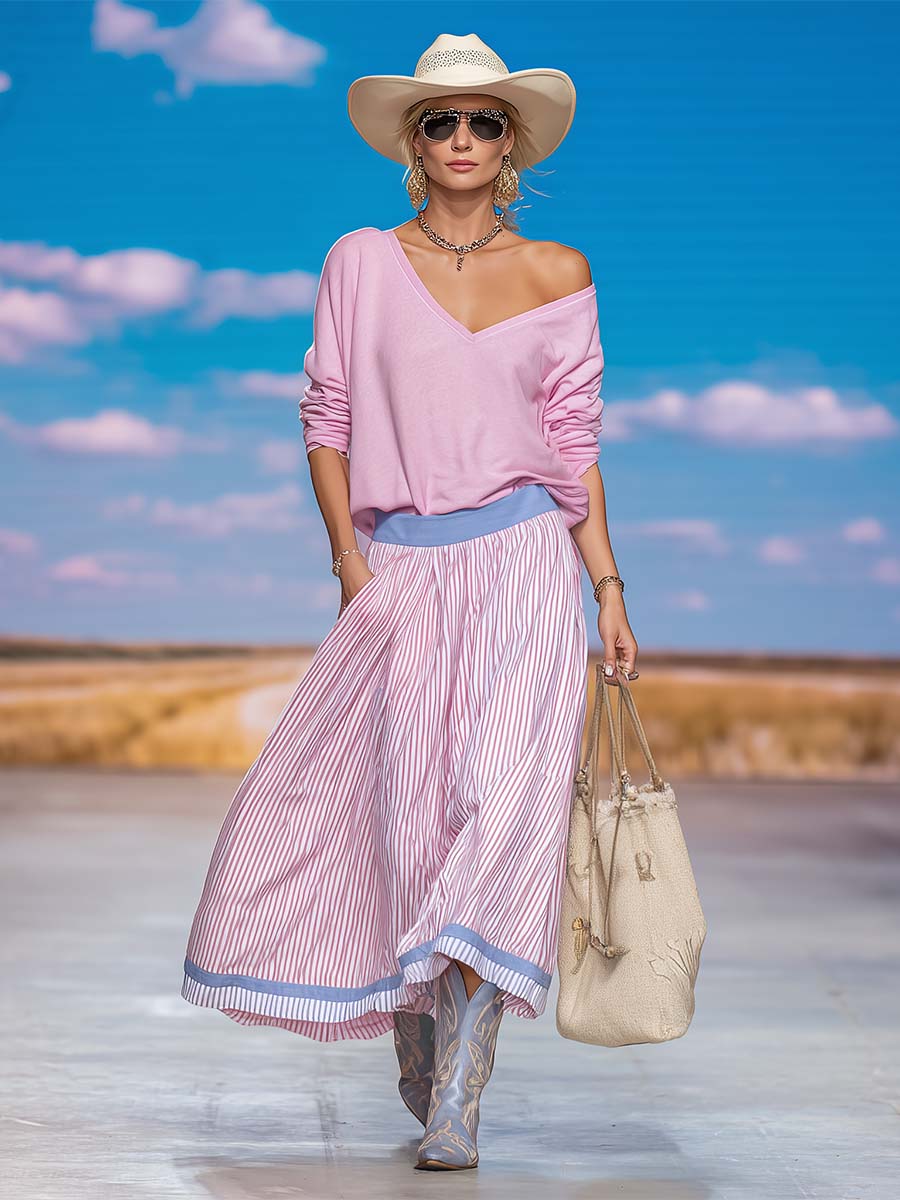 Inga - Midikleid lässig Western aus Leinen gestreift mit V-Ausschnitt