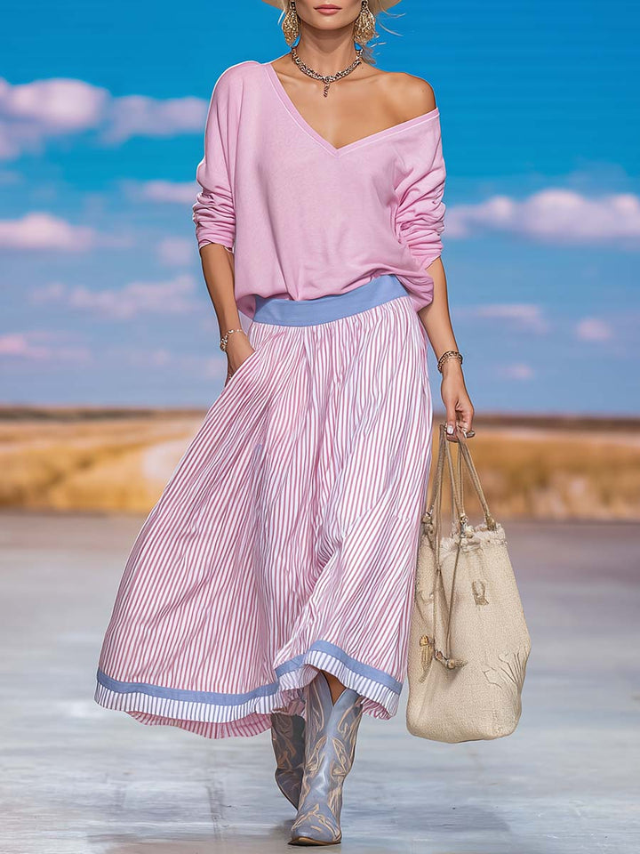 Inga - Midikleid lässig Western aus Leinen gestreift mit V-Ausschnitt